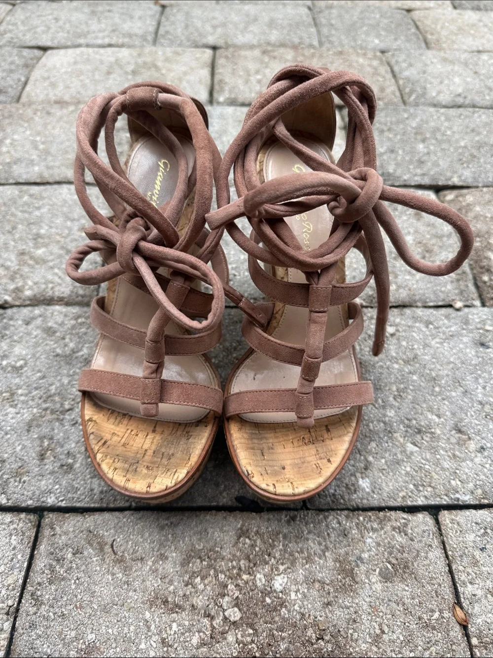 Gianvito Rossi Brown Suede Cork Wedge Sandals with Lace-Up Ties
